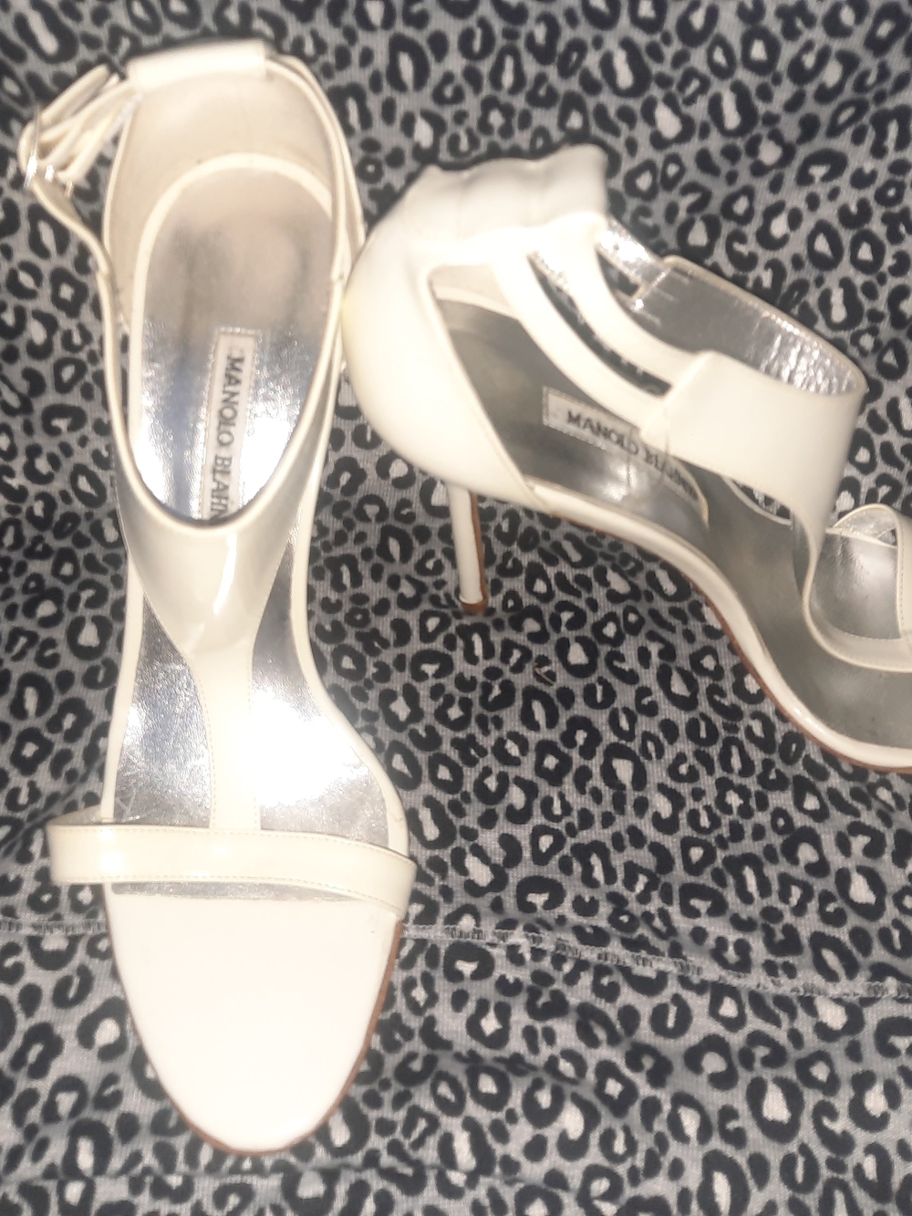 Manolo Blahnik Cream T-Strap Stiletto Sandals